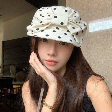 【台灣出貨】波點蝴蝶結貝雷帽 女春夏新款 大頭圍顯臉小 報童帽 時尚百搭 畫家帽 帽子 貝雷帽 圍