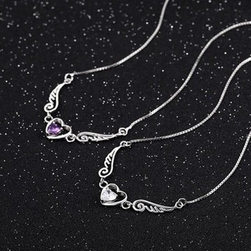 [米蘭精品] 925純銀項鍊鋯石吊墜-天使之翼愛心情人節生日禮物女飾品2色73ze4