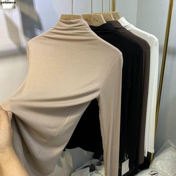 【核心賣點】高領蕾絲打底衫 長袖打底衫 女 內搭 T恤 女 秋冬 2024 新款 面膜 T 細螺紋 半高領 黑色 上衣