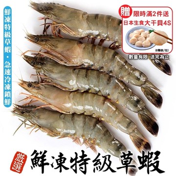 【鮮海漁村】嚴選鮮凍草蝦4盒(每盒14-16尾/約250g)(第2件贈日本生食干貝)