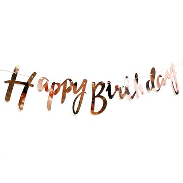 八捌發 Happy Birthday拉旗 草寫款 玫瑰金 生日派對裝飾  1組