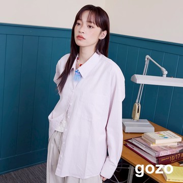 【gozo】編織釦氣球下襬條紋襯衫(白色/粉色_F) | 女裝 襯衫領 百搭