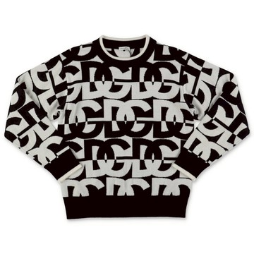 Dolce & Gabbana Pullover Bianco E Nero Logato In Pura Lana Vergine