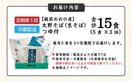 越前大野産 石臼挽き 越前そば 生そば5食 × 3回 計15食（つゆ付）