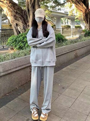 淺灰色連帽開衫外套女長袖褲裝寬松垂感闊腿褲休閒運動兩件套裝秋冬季【聚寶屋】