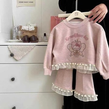mori🎀mori女童套裝春秋寶寶女孩休閒拼接花邊衛衣兩件套