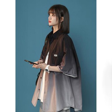 黑白漸變色襯衫男短袖夏季高級感冰絲襯衣六七分袖防曬外套情侶裝