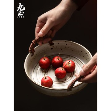 日式手工粗陶碗盤盆復古編織把手大容量陶瓷盤子創意家用湯盆菜盤
