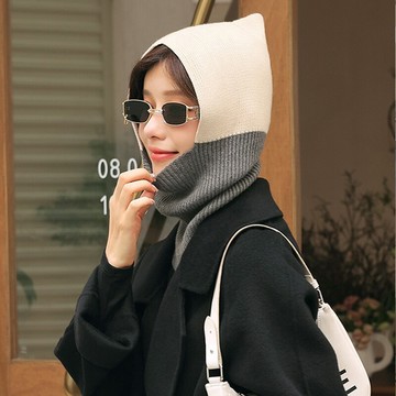 冬保暖撞色拼接毛帽圍脖(一體成型)