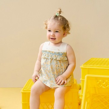 小蹦熊藍黃小花朵無袖背心套裝