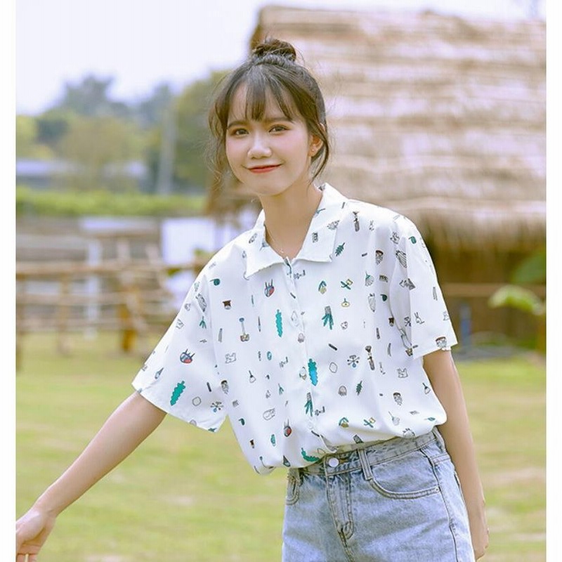 ポロシャツレディース半袖シャツ ブラウス学園風ガールズ 総柄tシャツ森ガール風シャツ二点ナチュラル可愛い猫と花柄ゆったりトップス開襟上着 通販 Lineポイント最大get Lineショッピング