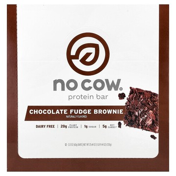 No Cow, 蛋白棒，巧克力軟糖布朗尼，12 條，每條 2.12 盎司（60 克）