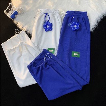 華夫格褲子男款美式高街寬松闊腿褲春秋款抽繩束腳褲男士休閑褲夏