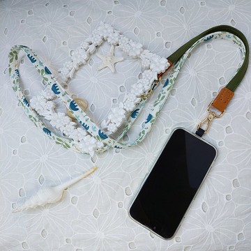 三合一多功能墨綠色卡通花韓國棉布手機斜背繩/斜背帶/背繩/