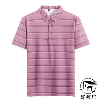 中老年系👴爸爸裝 爸爸短袖 中老年人男裝 阿公上衣 夏季男士新款短袖POLO衫寬鬆商務休閒翻領條紋 送爸爸HLJ