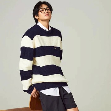 【特惠出清】售完不補 韓代SPAO x WOODIE 圓領 熊熊系列 寬條紋 毛衣 針織上衣 長袖 針織衫