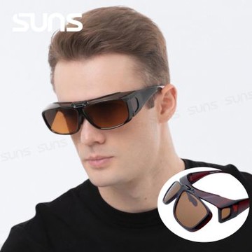 【SUNS】頂規上翻式偏光太陽眼鏡 茶框茶片 墨鏡 抗UV400/可套鏡防眩光/遮陽/眼鏡族首選
