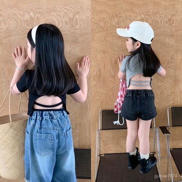 INS韓國童裝新款夏款中小童女童露背上衣鏤空T恤短款彈力短袖潮夏季女寶上衣 卡通半袖T恤男童女童 女童上衣 女童短袖