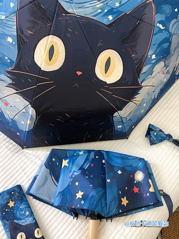 梵高系卡通貓咪黑膠折疊傘專業防曬防紫外線晴雨兩用傘便攜mini傘