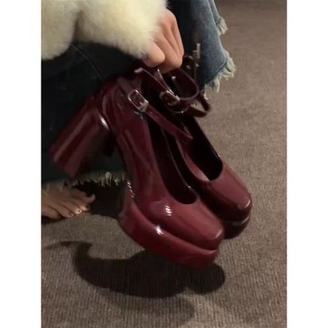 時尚部落酒紅色瑪麗珍鞋女粗跟2025年春季新款高跟鞋綁帶粗跟單鞋