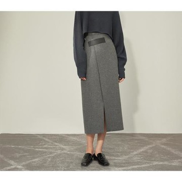 毛呢不規則長裙灰色高腰傘裙a字半身裙2023春裝新款開叉長裙真皮