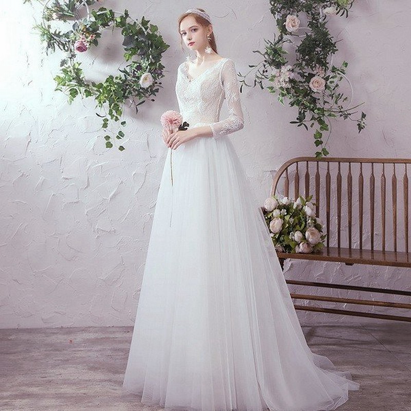 秋冬新作 ウェディングドレス エンパイア トレーンライン 花嫁ロングドレス 簡約 V襟 露背 結婚式 二次会 エレガント 細身 可愛い お呼ばれ 挙式 姫系hs44 通販 Lineポイント最大get Lineショッピング