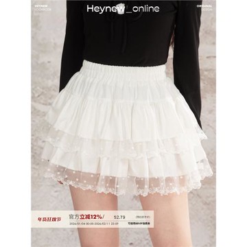 LOVEHEYNEW白色甜美蝴蝶結蕾絲邊蓬蓬蛋糕裙女春秋顯瘦a字半身裙