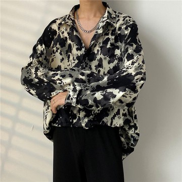 春夏季復古水墨畫扎染垂墜感花襯衫男士長袖