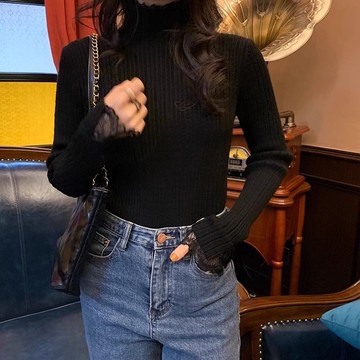 衣時尚 上衣 針織衫 毛衣 內搭衫 打底衫 新款甜美風蕾絲花邊純色半高領毛衣內搭氣質百搭針織衫-6024.