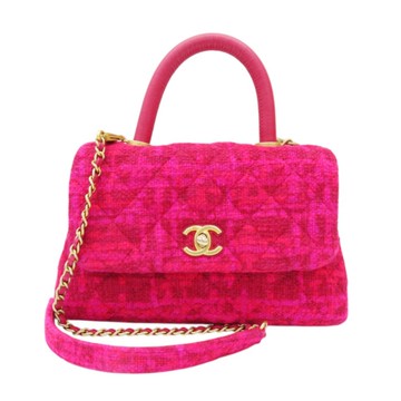 【二手名牌BRAND OFF】CHANEL 香奈兒 粉色 斜紋軟呢 菱格紋 荔枝紋 Coco Handle 肩背包 A92990
