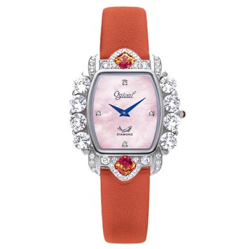 【Ogival 愛其華】禮獻凡爾賽珠寶錶 (380-51DLW/公主方系列) 紅鑽粉紅面橘帶