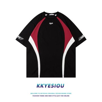 KKyesiou美式復古潮牌設計感短袖T恤男女oversize紅黑撞色情侶裝