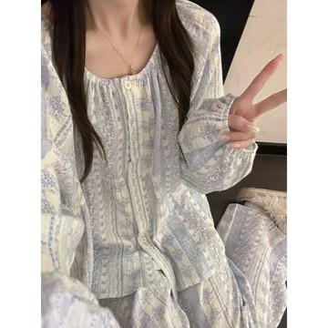 可可裡👛睡衣 簡約 格紋 碎花 睡衣 女 春秋季 新款 長袖長褲 ins風 寬鬆 少女 家居服 套裝