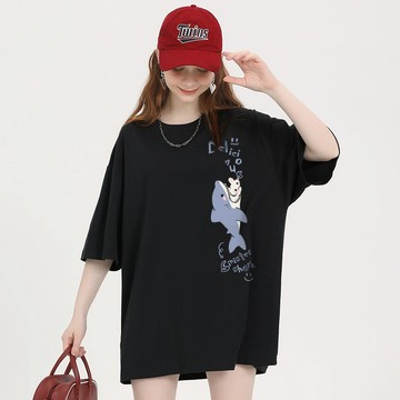 🔥搞怪小鯊魚短袖t恤女 女生衣服 oversize 小個子可愛穿搭 短版t恤 短板上衣 打底衫 寬鬆上衣 顯瘦寬鬆上衣