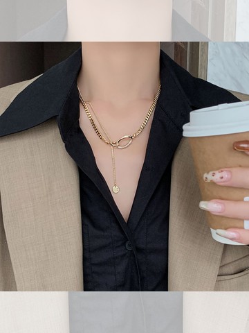 微鑲雙橢圓項鏈輕奢小眾個性字母長尾吊墜鎖骨鏈秋冬短款毛衣鏈女