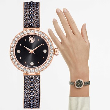 SWAROVSKI  施華洛世奇Matrix 水晶珍珠手鐲式手錶 女錶-黑x玫瑰金/26mm 5743697