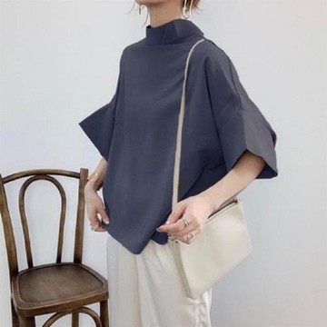 跨境外貿日系寬松大碼設計感立領后領鈕扣蝙蝠短袖襯衫女大版上衣