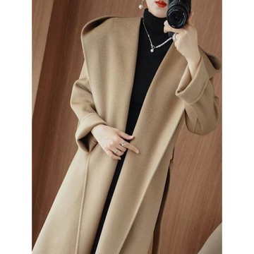 2025秋冬新款連帽100％羊毛呢外套雙面羊絨大衣女氣質中長款時尚
