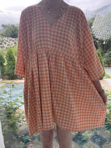 迷你斗篷洋裝 - 橘色格紋