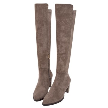 ANNSTAR 拐拐聯名-花邊教主防水絨布前高後低尖頭過膝靴8cm-卡其