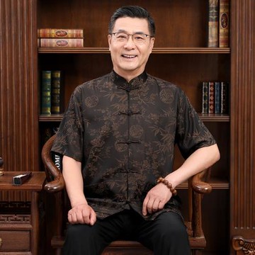 唐裝男真絲綢緞短袖套裝中老年人爸爸裝桑蠶絲中國風中式爺爺夏裝