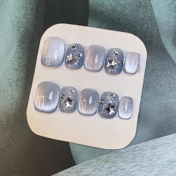 ✨台灣出貨✨小藍貓眼穿戴甲成品 閃鉆美甲可拆卸短款 手工定制假指甲持久顯白