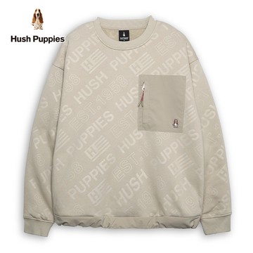 Hush Puppies 上衣 男裝滿版品牌英文異材質拼接寬版長袖上衣