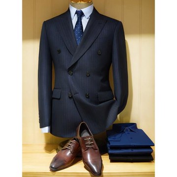 吉約蒙西服套裝男上衣雙排扣藏青色條紋修身新郎結婚禮服西裝外套