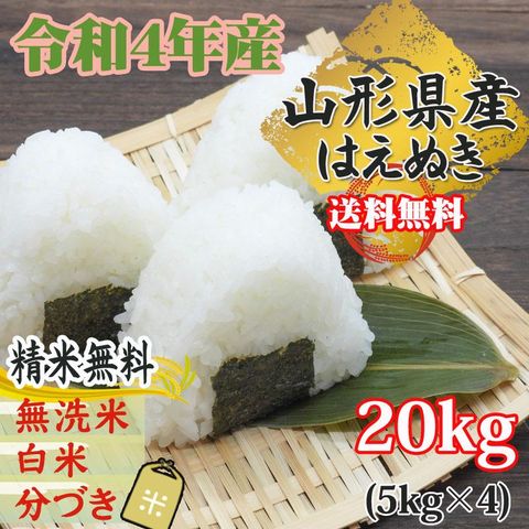 新米 米 お米 おこめ 令和5年産  はえぬき 玄米20kg 5kg袋×4 (5分づきに精米後4.75kg×4袋 )山形県産 白米・無洗米・分づきにお好み精米 送料無料 当日精米