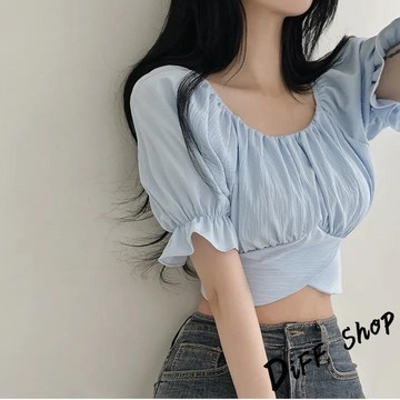 韓版交叉皺褶綁帶短版上衣【T615】