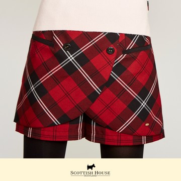 【Scottish House】 紅黑格 假兩件 西裝擺 斜格 短褲 (CFT12207)