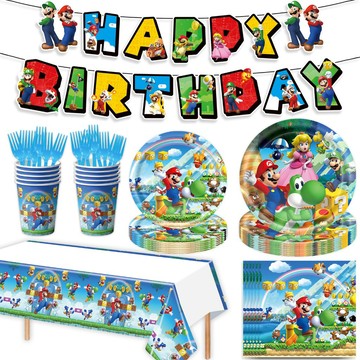 現貨當天寄『mario 馬力歐7件生日餐組 餐具組』生日派對 生日佈置 生日餐盤 生日桌巾 生日拉旗