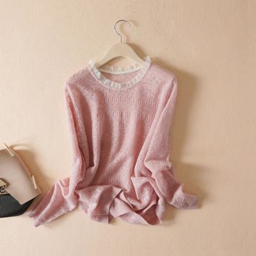 春秋新款 洋氣蕾絲鉤花鏤空木耳邊薄款長袖打底針織衫毛衣上衣女