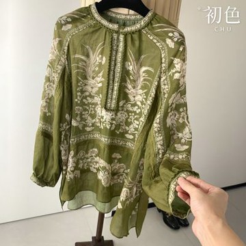 初色 民族風圓領長袖一粒扣印花寬鬆輕薄上衣女上衣-綠色-51888(L-XL可選)